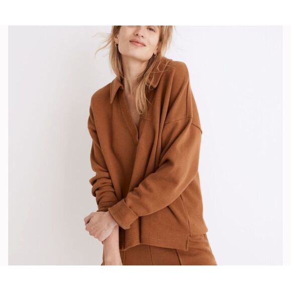 Madewell $80 Cotton-Hemp Oversized Polo Sweatshirt brown women's medium NEW - Picture 3 of 12